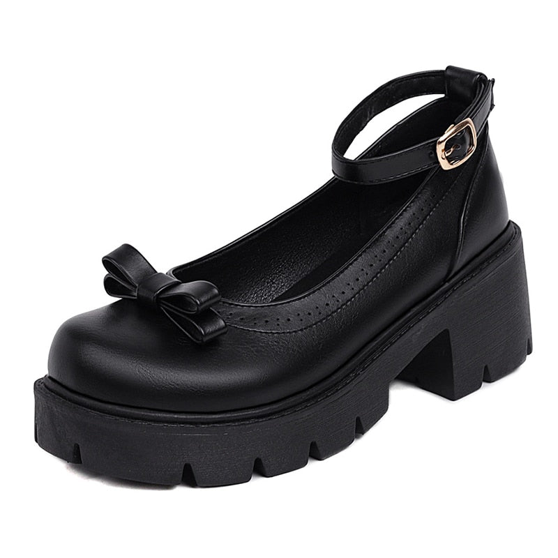 Amozae Bowknot Round Toe Ankle Buckle Lolita Shoes Girls Spring Summer Platform Heel Dropship Student Shoes College Girl Lolita