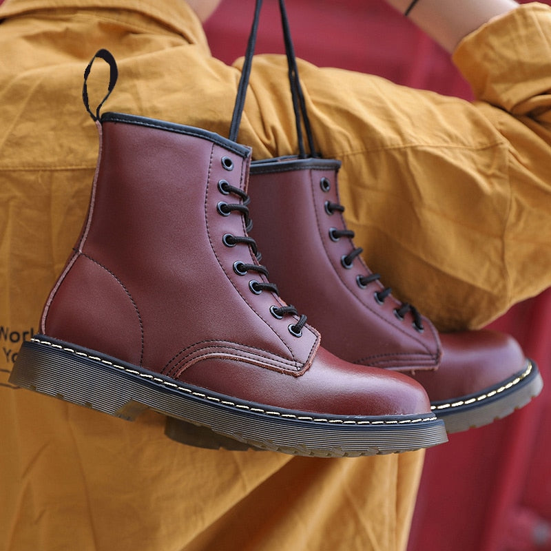 Amozae Women Boots Leather Shoes High Top Fashion Winter Warm Snow Shoes Motorcycle Men Boots Couple Unisex Booties Bottes Pour Femmes