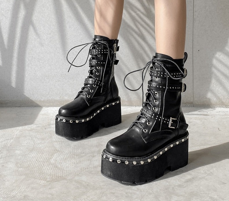 flowersverse Spring Lace-Up Motorcycle Boots For Women Round Toe Thick Platform High Heels Female Ankle Boots Gothic Style Shoes