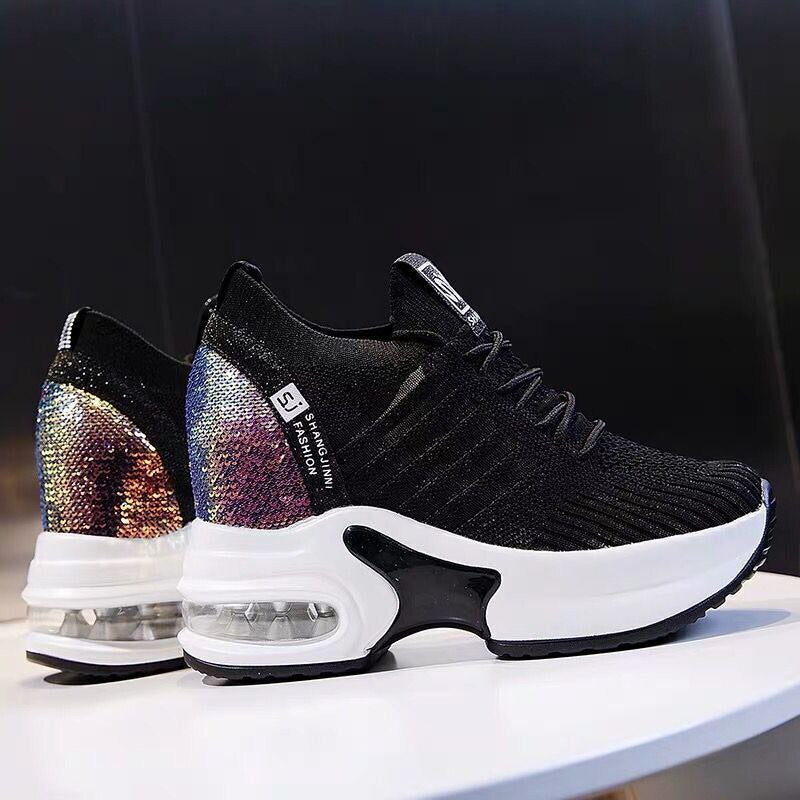 Amozae Women's Sneakers Spring Sequined Casual Shoes Women Platform Heels Wedges Height Increasing 2022 Knitted Ladies Vulcanized Shoes