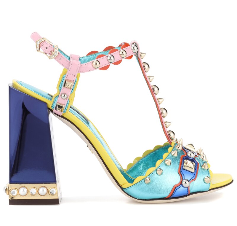 Amozae Sandalias Mujer Luxury Designer Summer Block Chunky High Heel Sandals Multicolor T-Strap Studded Party Shoes For Woman Wedding