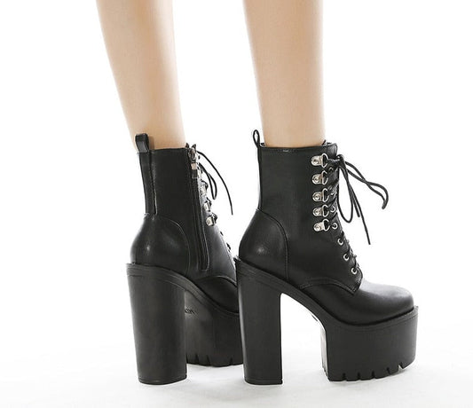 Thanksgiving flowersverse Ultra High Heels Women Motorcycle Boots Gothic Style Rivet Black Soft Leather Plaform Chunky Heel Punk Knight Boots