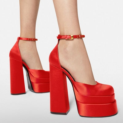 Amozae 14Cm Super High Heel Mary Janes Platform Square Toe Sandals Fashion Catwalk High Heels Pumps Runway Trendy Shoes Women Size 44