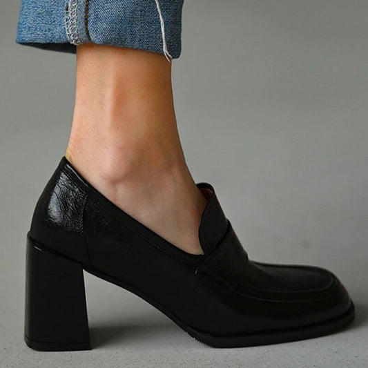 Amozae New Women's Single Shoes Solid Square-Toe Block Heel Ladies Sandals Korean Style Fashion Black Leather Female High Heels