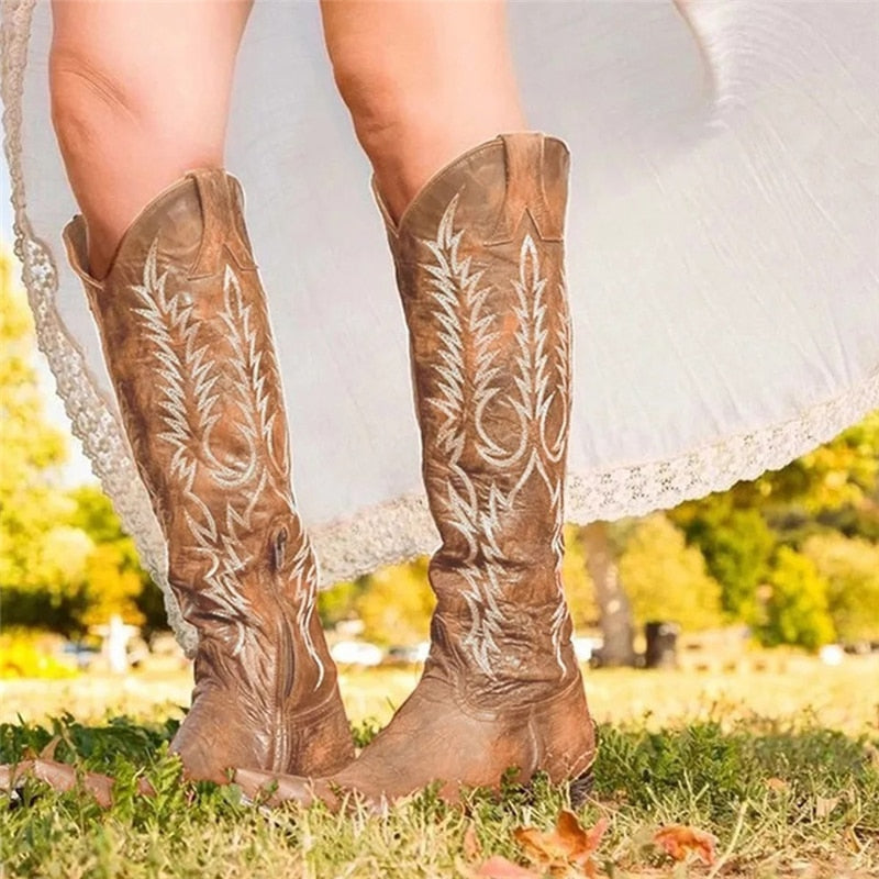 Amozae 2022 Female High Heel Leather Shoes Knee-High Cowboy Boots Stylish Women Boots Autumn Vintage Long Tube Knight Boot