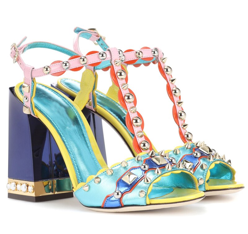 Amozae Sandalias Mujer Luxury Designer Summer Block Chunky High Heel Sandals Multicolor T-Strap Studded Party Shoes For Woman Wedding