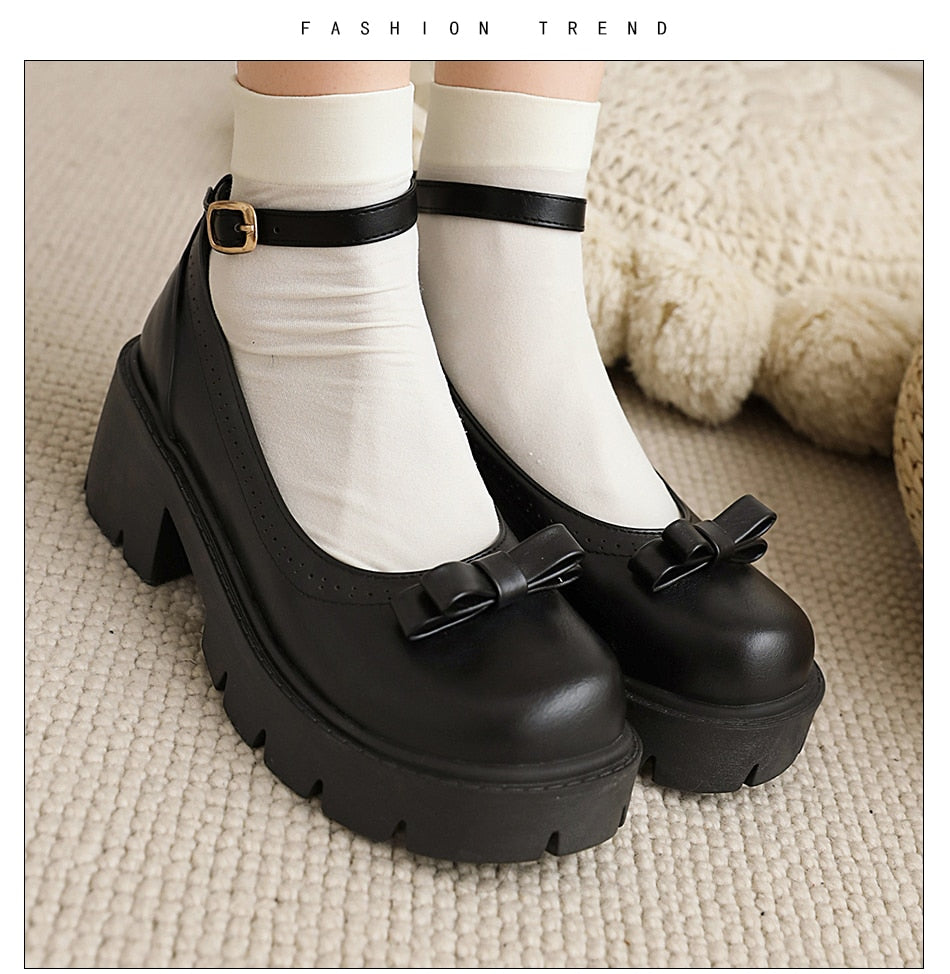 Amozae Bowknot Round Toe Ankle Buckle Lolita Shoes Girls Spring Summer Platform Heel Dropship Student Shoes College Girl Lolita