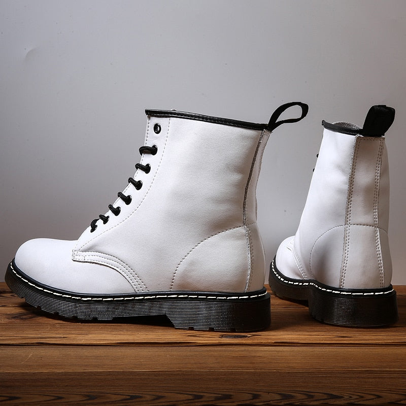 Amozae Women Boots Leather Shoes High Top Fashion Winter Warm Snow Shoes Motorcycle Men Boots Couple Unisex Booties Bottes Pour Femmes