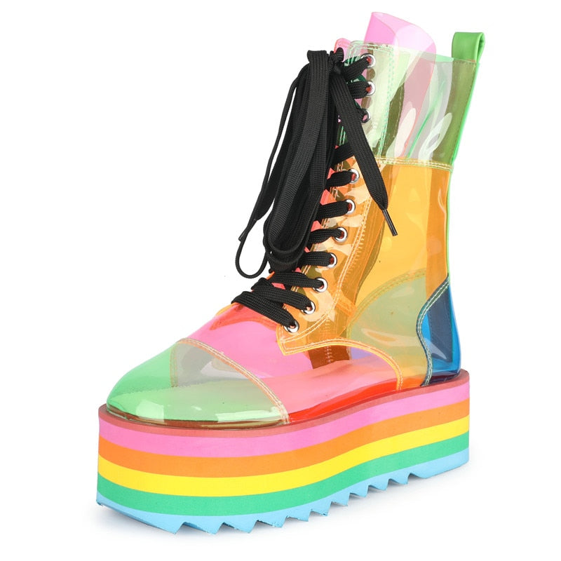 Black Friday Amozae New Platform Rainbow Boots Fashion Transparent PU Boots Sweet Girl Platform Shoes Super High Heel Candy Colors Sneakers Women