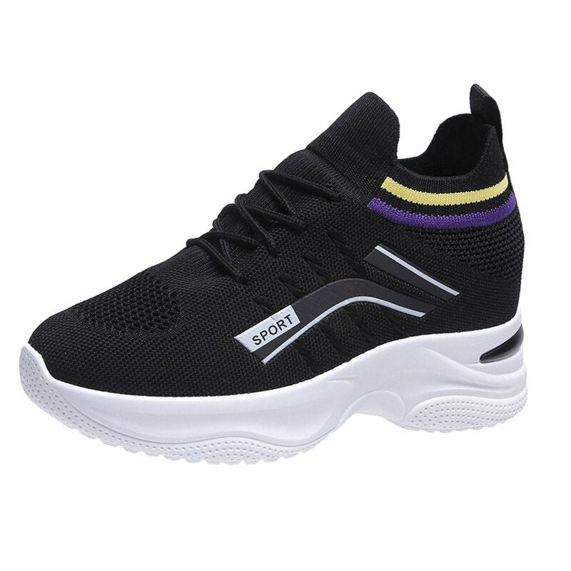 Amozae Women's Sneakers Spring Sequined Casual Shoes Women Platform Heels Wedges Height Increasing 2022 Knitted Ladies Vulcanized Shoes
