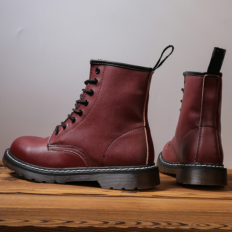 Amozae Women Boots Leather Shoes High Top Fashion Winter Warm Snow Shoes Motorcycle Men Boots Couple Unisex Booties Bottes Pour Femmes