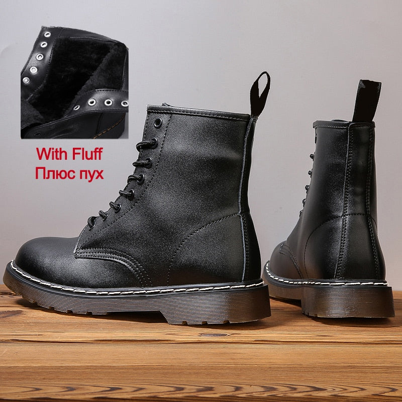 Amozae Women Boots Leather Shoes High Top Fashion Winter Warm Snow Shoes Motorcycle Men Boots Couple Unisex Booties Bottes Pour Femmes