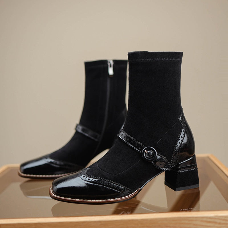 flowersverse Genuine Leather Mary Jane Women Boots Fashion Retro Buckle Ankle Boots Square Toe Thick Heel Handmade Autumn Winter Shoes Woman