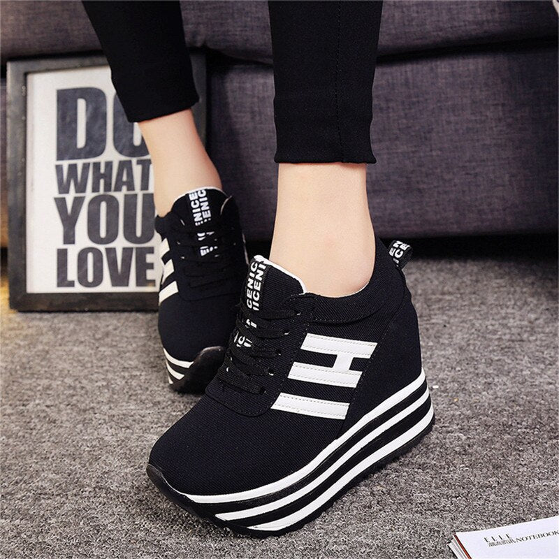 Amozae High Flat Platform 9Cm Height Increasing Casual Shoes Woman Spring New Hidden Wedge Sneakers Female Vulcanize Shoes