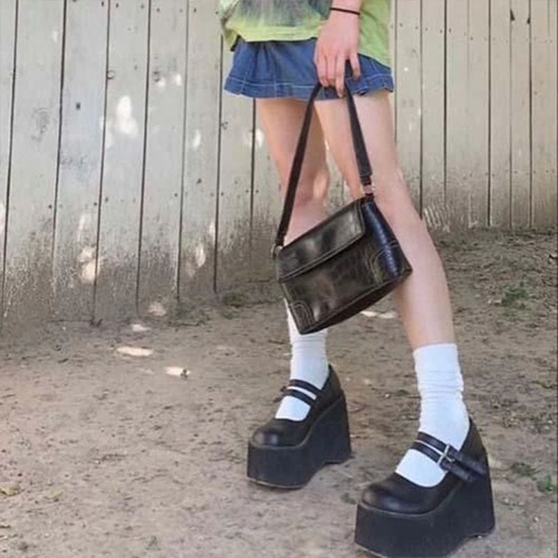 Amozae Leather Women High Heels Platform Mary Janes Shoes Ladies Sandals Ankle Buckle Punk Thick Bottom Casual Female Wedge Footwear