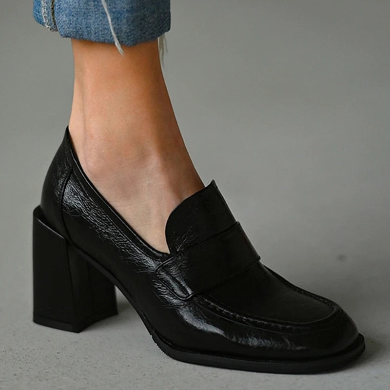 Amozae New Women's Single Shoes Solid Square-Toe Block Heel Ladies Sandals Korean Style Fashion Black Leather Female High Heels