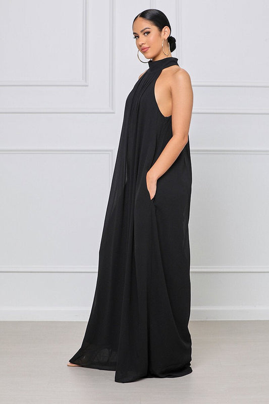 flowersverse Women Sleeveless High Neck Fashion Sexy Solid Color Casual Chiffon Loose Temperament One-Piece Pants Jumpsuit