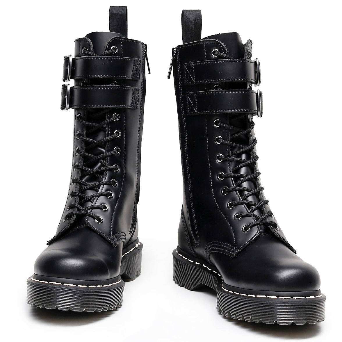 Amozae Women Platform Leather High Boots New Female Shoes Punk Buckle Long Boot Woman Lace Up Booties Black Gothic Mid Tube Boots