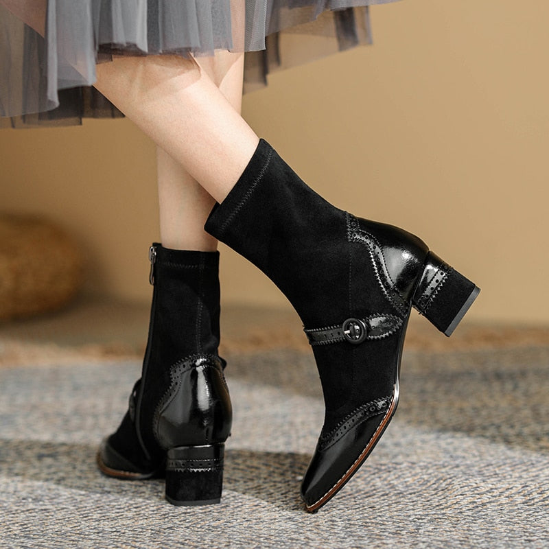 flowersverse Genuine Leather Mary Jane Women Boots Fashion Retro Buckle Ankle Boots Square Toe Thick Heel Handmade Autumn Winter Shoes Woman