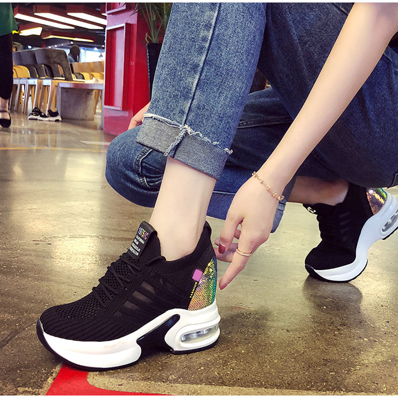 Amozae Women's Sneakers Spring Sequined Casual Shoes Women Platform Heels Wedges Height Increasing 2022 Knitted Ladies Vulcanized Shoes