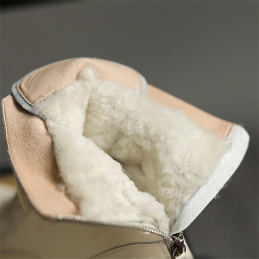 flowersverse Winter Genuine Leather Women Boots Fur Warm Boots Snow Boots Zippe Lace-Up Platform Boots Black Motorcycle Boots Shoes