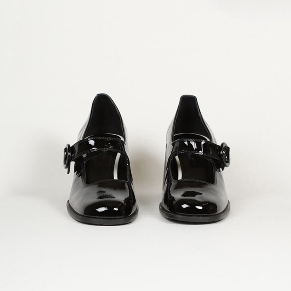 flowersverse - Woman¡®s New Mary Janes Shoes Genuine Leather Shallow Square heel Pumps Buckle Strap Round Toe Lady Footwear
