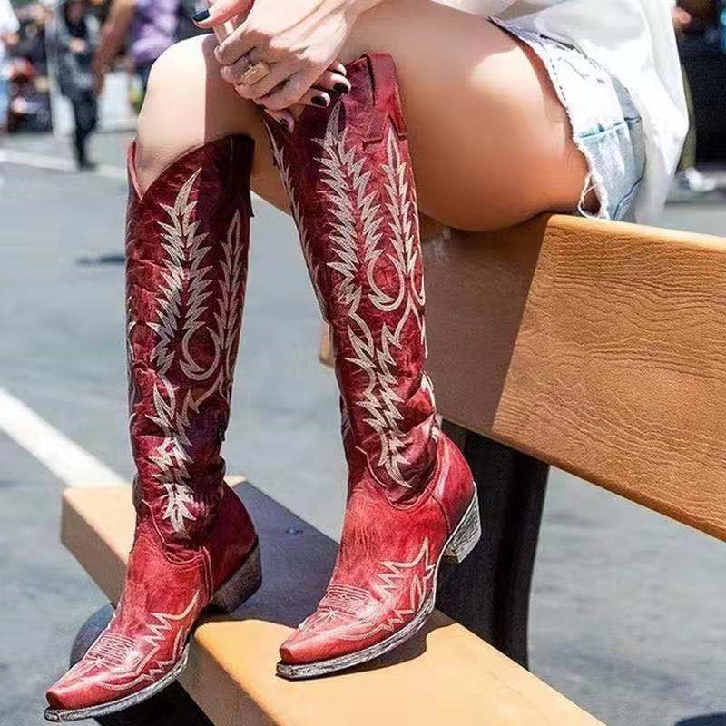 Amozae 2022 Female High Heel Leather Shoes Knee-High Cowboy Boots Stylish Women Boots Autumn Vintage Long Tube Knight Boot