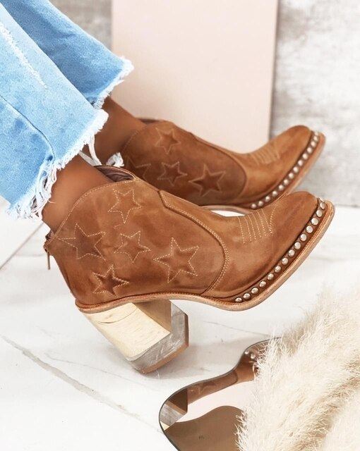 Amozae Leather Women Ankle Boots Women's Shoes Low Heel Cool British Embroidered Design Soft Short Boots Party Women Footwear