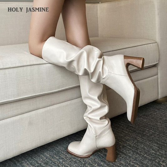 flowersverse Winter New Leather Knee-Length Boots Square Toe High Heel Women's Boots Square Heel Western Boots Women's Shoes