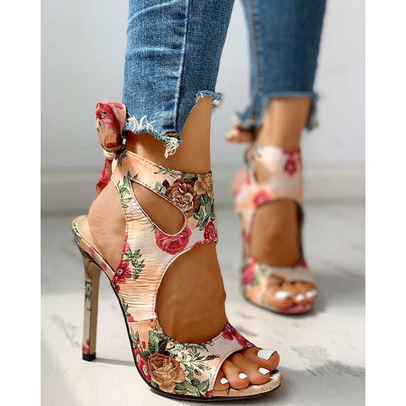 Amozae 2022 New Women Summer Thin High Heels Embroidered Peep Toe Gladiator Pumps Office Sandals Party Shoes