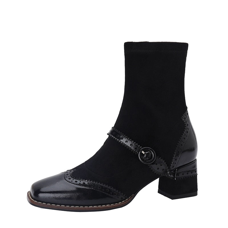 flowersverse Genuine Leather Mary Jane Women Boots Fashion Retro Buckle Ankle Boots Square Toe Thick Heel Handmade Autumn Winter Shoes Woman