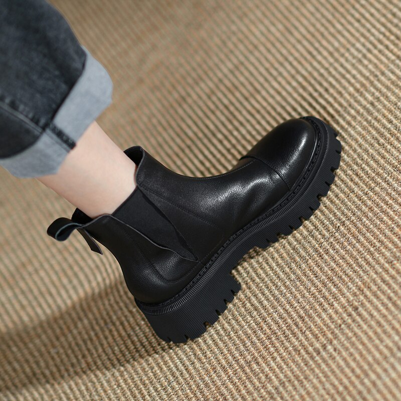flowersverse Autumn/Winter Fashion Women Boots Thick Heel Two Colors Retro Chelsea Boot Cow Leather Women Platform Boot Flat Women Shoes
