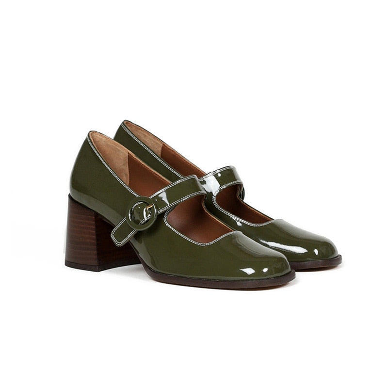 flowersverse - Woman¡®s New Mary Janes Shoes Genuine Leather Shallow Square heel Pumps Buckle Strap Round Toe Lady Footwear