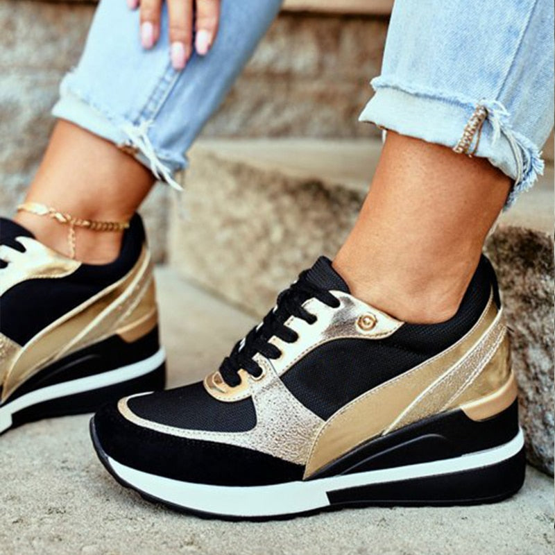 Amozae 2022 Autumn Women Sneakers Mesh Breathable Tennis Shoes For Ladies Lace-Up Outdoor Casual Chunky Wedges Shoes Females
