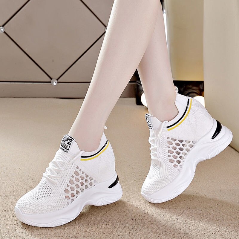 Amozae Women's Sneakers Spring Sequined Casual Shoes Women Platform Heels Wedges Height Increasing 2022 Knitted Ladies Vulcanized Shoes