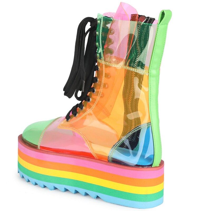 Black Friday Amozae New Platform Rainbow Boots Fashion Transparent PU Boots Sweet Girl Platform Shoes Super High Heel Candy Colors Sneakers Women