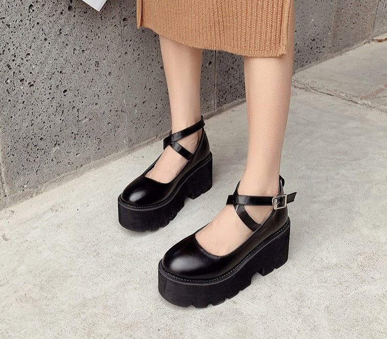 Thanksgiving Amozae College Student Shoes Girl LOLITA Shoes JK Uniform PU Leather Platform Heels Ankle Strap Womens Pumps 2022 New Spring