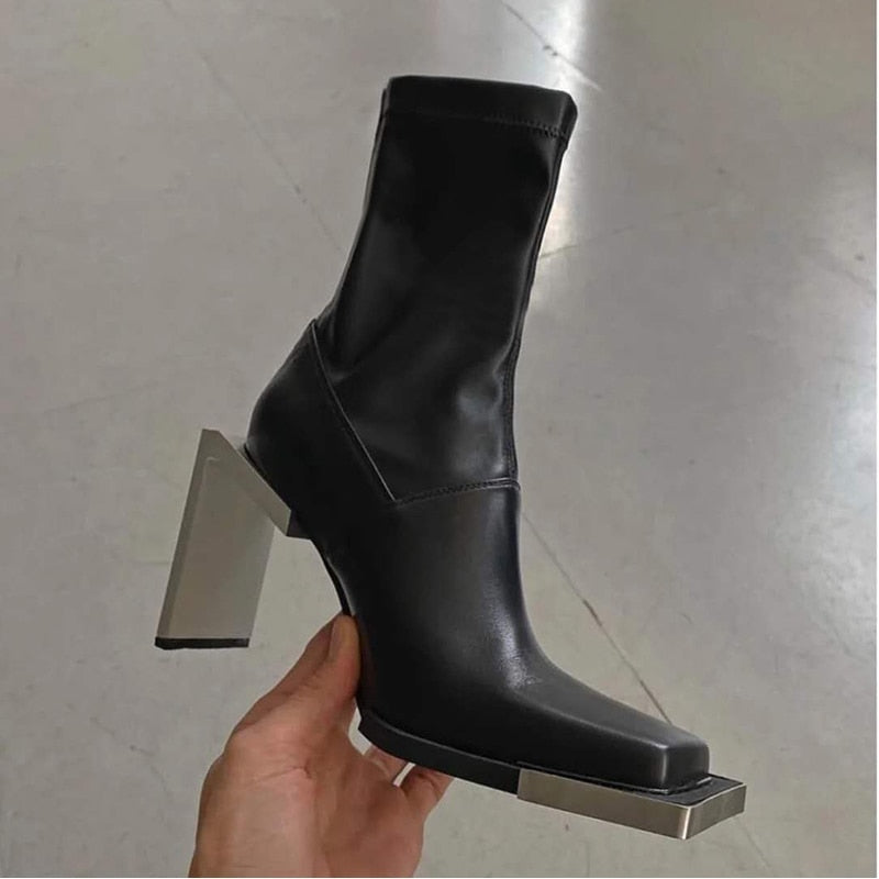 Amozae 2022 New Autumn Winter Fashion Casual High Heel Back Zipper Square Head Strange Style Thin Leather Shoes Women Boots