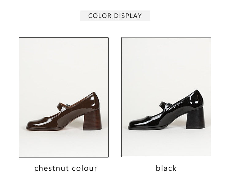 flowersverse - Woman¡®s New Mary Janes Shoes Genuine Leather Shallow Square heel Pumps Buckle Strap Round Toe Lady Footwear