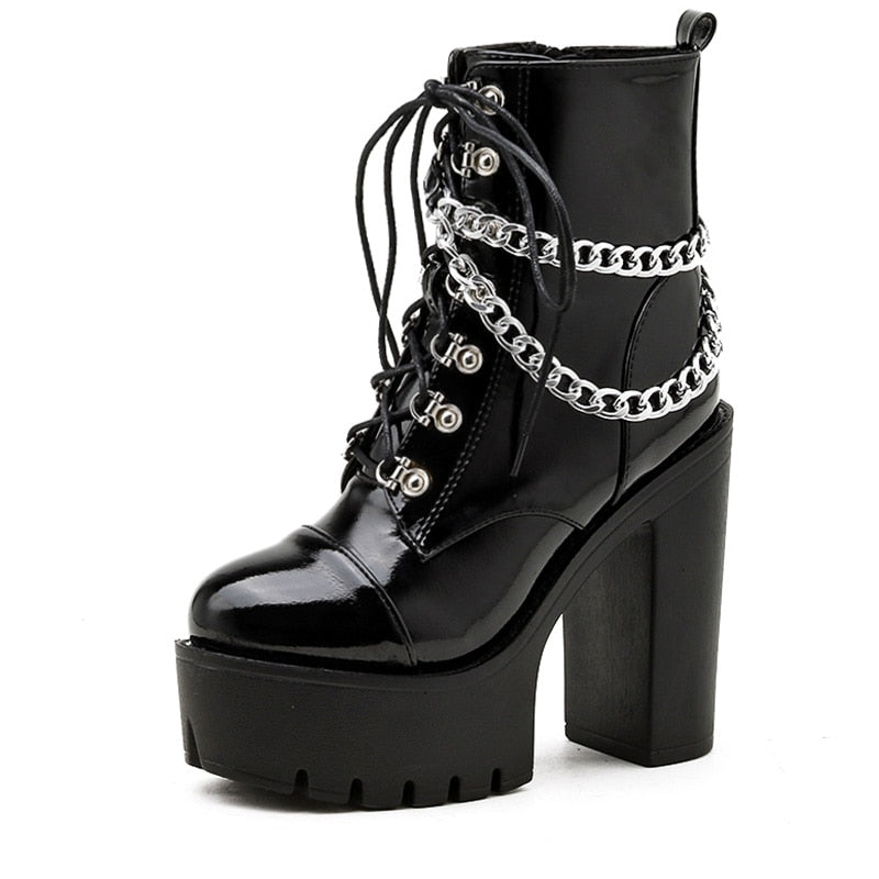 flowersverse Black Gothic Women Shoes Autumn Ladies Ankle Boots High Heels Chain Punk Style Patent Leather Boots For Party Zipper
