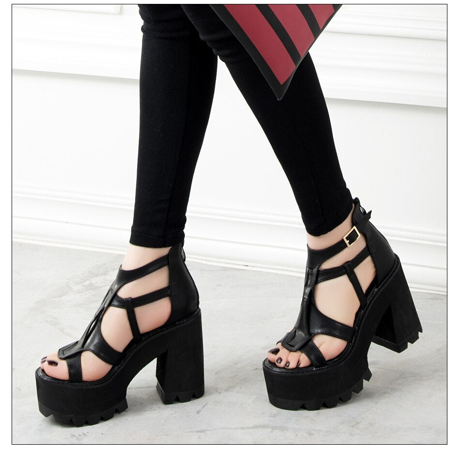 flowersverse Rome Gladiator Women Shoes New Summer Sandals Thick Bottom Hollow Out Ankle Strap Comfortable Party Sandals Top Quality