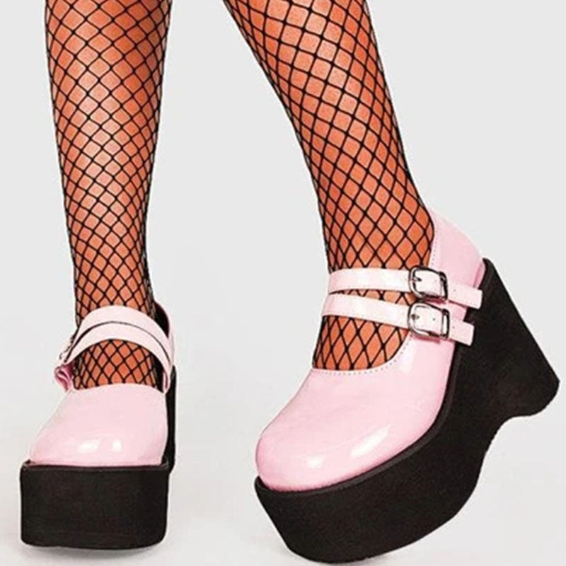 Amozae Leather Women High Heels Platform Mary Janes Shoes Ladies Sandals Ankle Buckle Punk Thick Bottom Casual Female Wedge Footwear