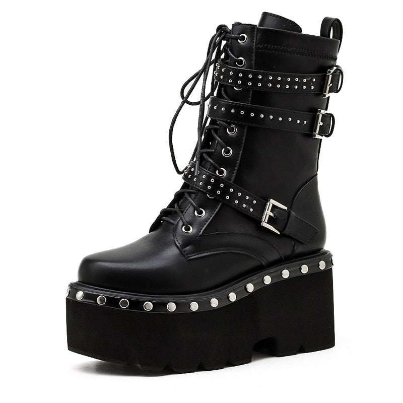 flowersverse Spring Lace-Up Motorcycle Boots For Women Round Toe Thick Platform High Heels Female Ankle Boots Gothic Style Shoes