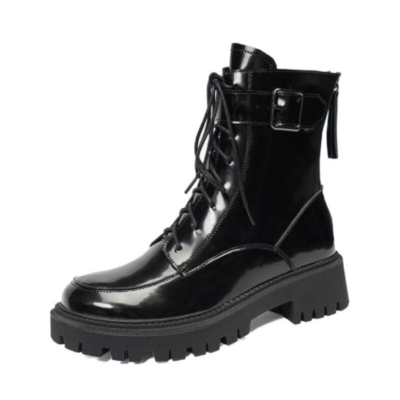 flowersverse Winter Genuine Leather Women Boots Fur Warm Boots Snow Boots Zippe Lace-Up Platform Boots Black Motorcycle Boots Shoes