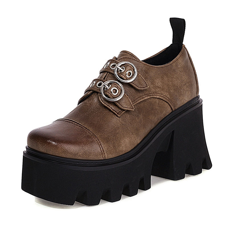 Amozae INS On Sale Lady Platform Buckle Block Heel Pumps Thick Sole Shoes For Women Vintage Goth Office Shoes