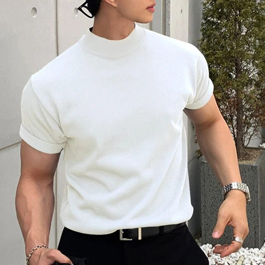 flowersverse Men's Korean Version Base Shirt Comfort Fashion Solid Color High Neck Short Sleeved T-shirt Casual Male Clothing Tees Streetwear