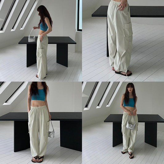 flowersverse Classic Wide Leg Workwear Casual Pants Women's Summer New Retro Loose Slimming Elastic Waist Pants 91559
