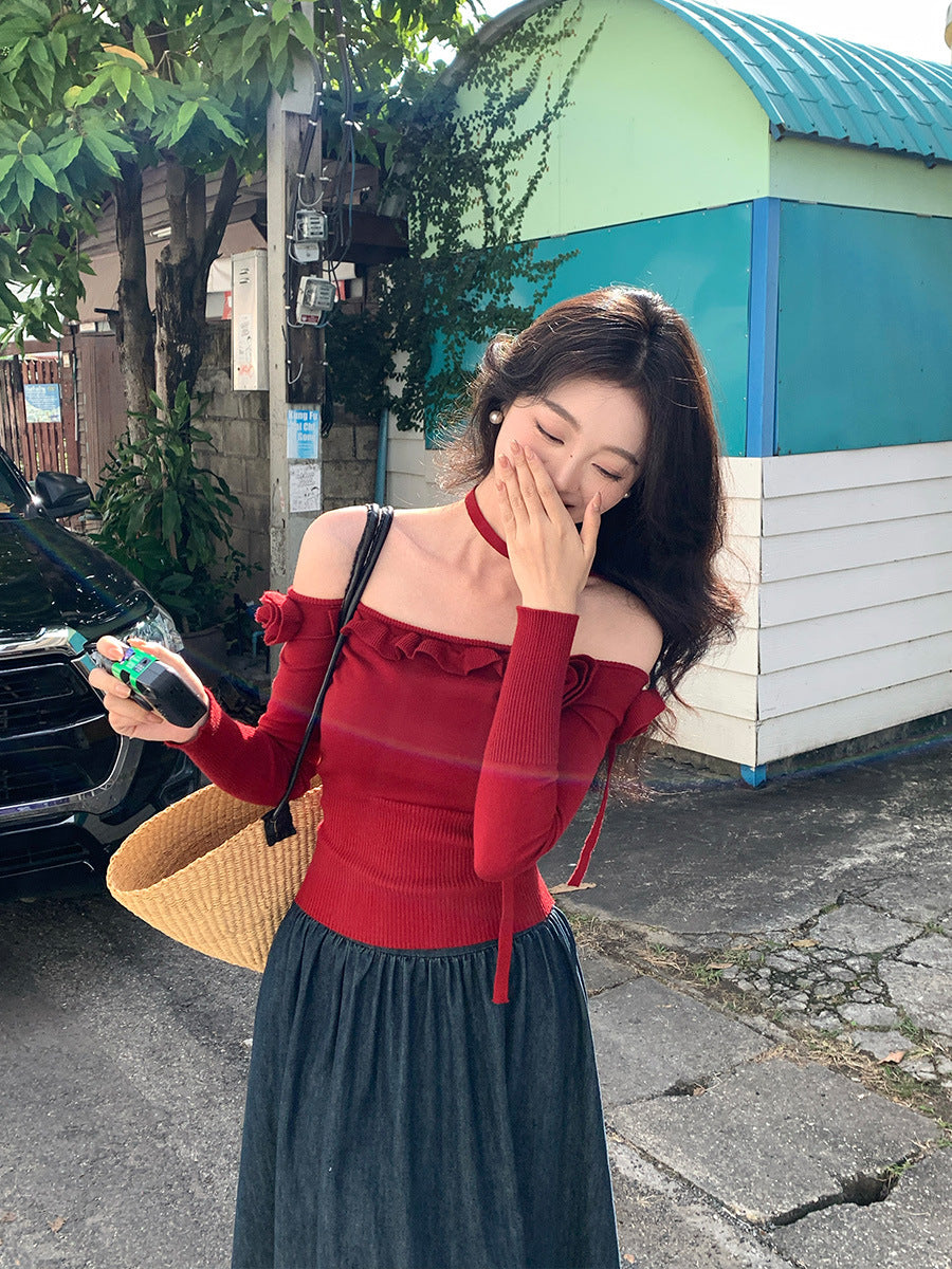 2025 Thirteen Lines Spring New One-Neck Three-dimensional Flower ins Slim-fit Knitted Sweater Sweater 25208
