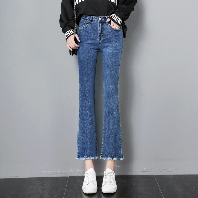 flowersverse Slightly Flared Jeans Women's High Waist New Spring and Autumn Clothing Slimming Cropped Small Stretch Women's Pants