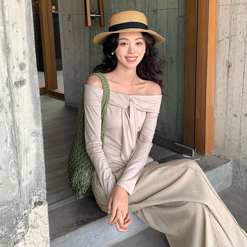 2025 Thirteen Lines Spring New Korean Version Temperament Versatile Shoulder Knitted Sweater Long Sleeve Top 89300